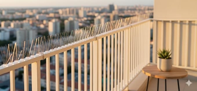 Bird spikes installed along the top rail of a high-rise balcony balustrade in a UAE city.