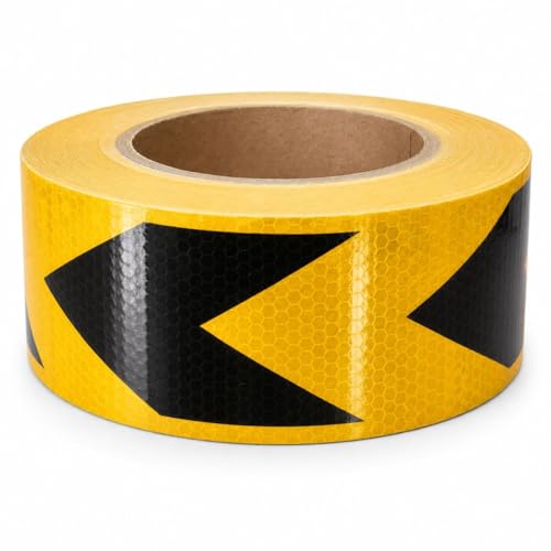 Roll of yellow and black reflective safety tape with honeycomb arrow chevron pattern.